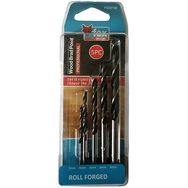 Fox Brad Point Wood Drill Bit Rolled Forged Set 3mm - 8mm, 5 Piece