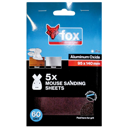 Fox Mouse Sanding Sheet 95mm x 140mm 60 Grit, 5 Pack