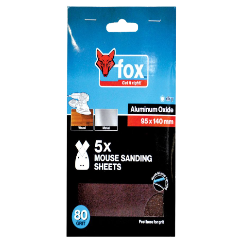 Fox Mouse Sanding Sheet 95mm x 140mm 80 Grit, 5 Piece