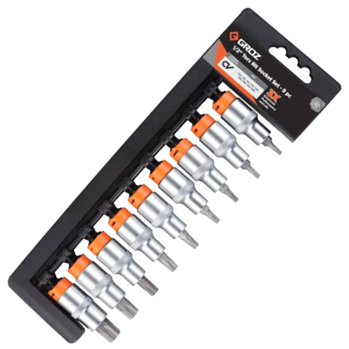 Groz Torx Bit Socket Set 1/2" Drive 9 Piece, Length 50mm KIT/BIT-SKT/TX/1-2/9/UG