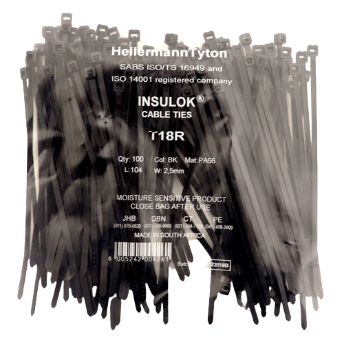 Hellermanntyton Black Cable Ties 2.5mm x 104mm T18R, 100 Pack