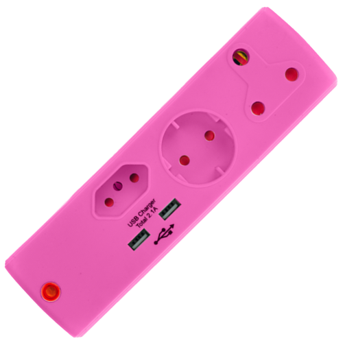 Electricmate Pink 3 Way Adaptor, 1 x 16A + 1 x 5A + Schuko + 2 x USB Ports