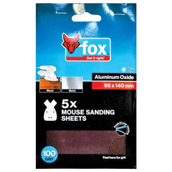 Fox Mouse Sanding Sheet 95mm x 140mm 100 Grit, 5 Pack