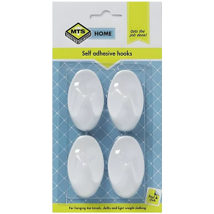 Mts Home Self Adhesive White Plastic Large Oval Hook, 4 Piece