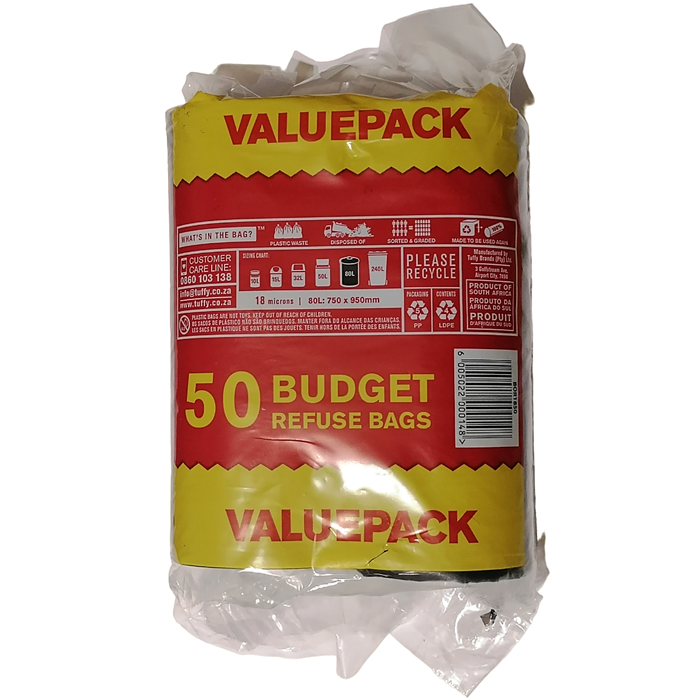 Tuffy Black Valuepack Refuse Bag 18 Micron 750mm x 950mm, 50 Pack