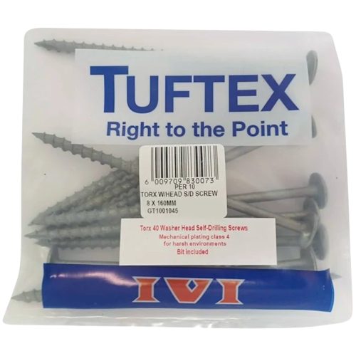 Tuftex Self Drill Screws Timber 8.0mm x 160mm Torx, Pack of 10