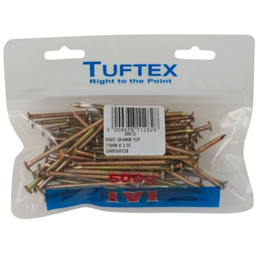 Tuftex Yellow Passivated Ring Shank Nail 75mm x 3.55mm, 500g